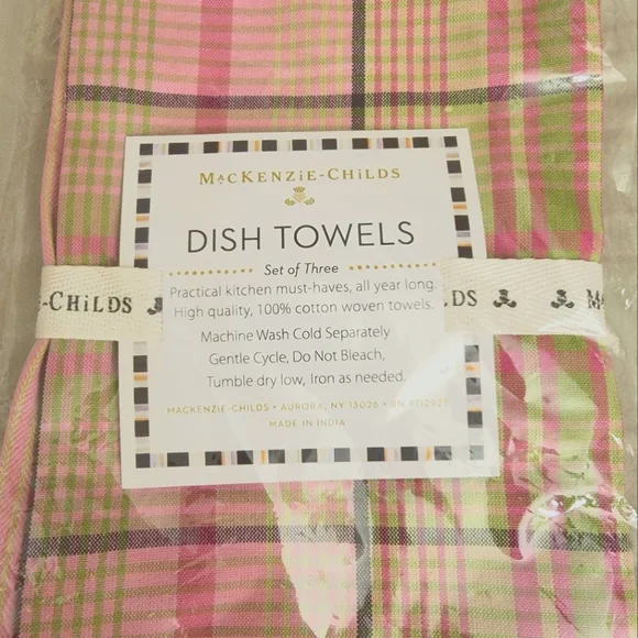 NWT Mackenzie-Childs Dish Towels | Set of Three | Pink and Green - Picture 4 of 5